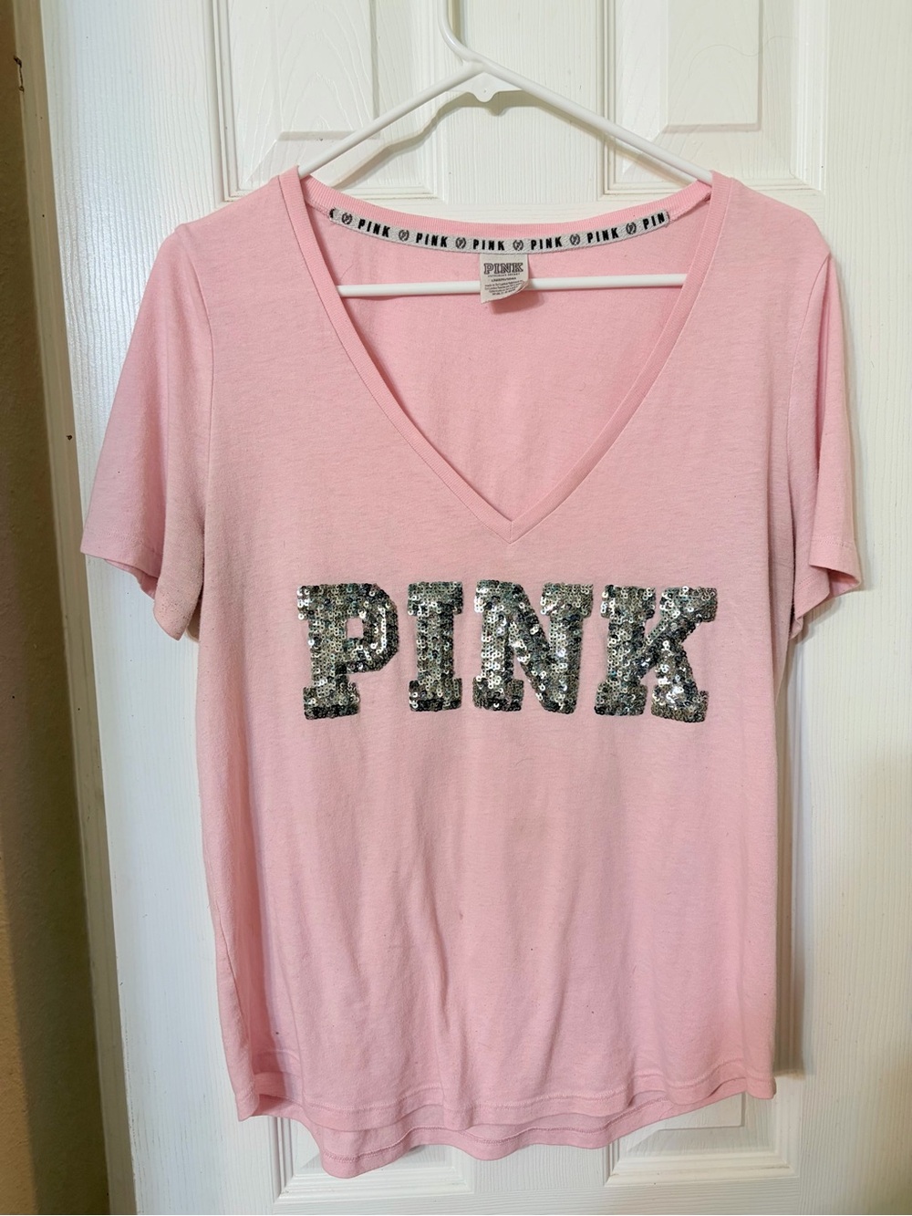 PINK Victoria's Secret Light Pink V-Neck Tee with Silver Sequin Logo